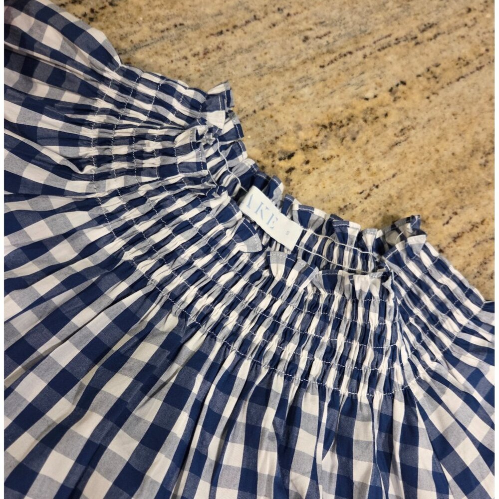 Lake Pajamas Size S Blue Gingham Check Cotton Smocked MIDI Dress Peplum Hem - Picture 10 of 13